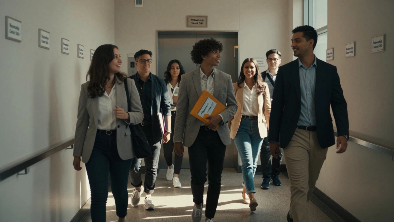A group of returnship participants walk confidently down a hallway labeled 'Cohort 2024'.