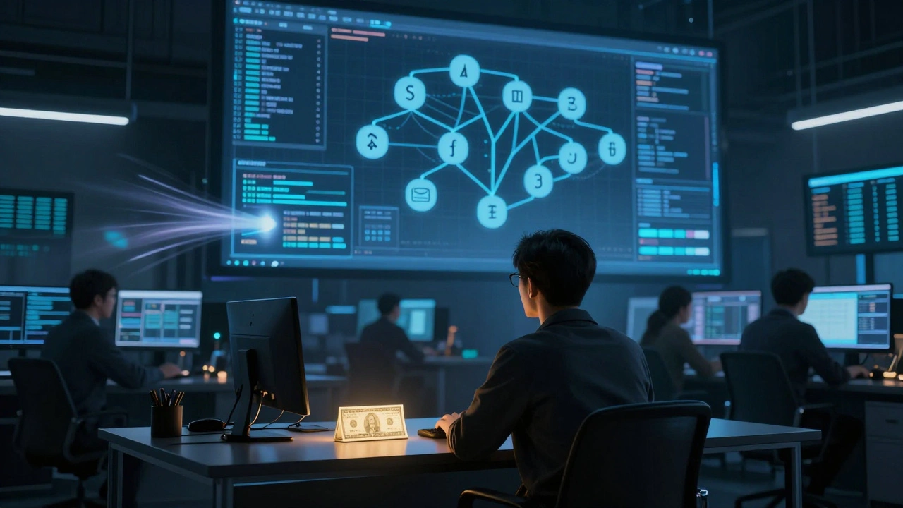 A human analyst faces an opaque AI decision tree while automated bots operate in the background.