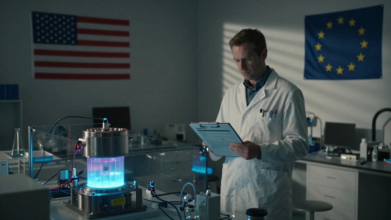 A quantum lab with a foreign scientist barred from accessing equipment behind a glass barrier.