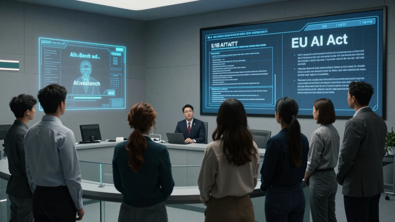 A regulatory hearing where an AI's failure denies aid to diverse applicants, with legal frameworks visible in the background.