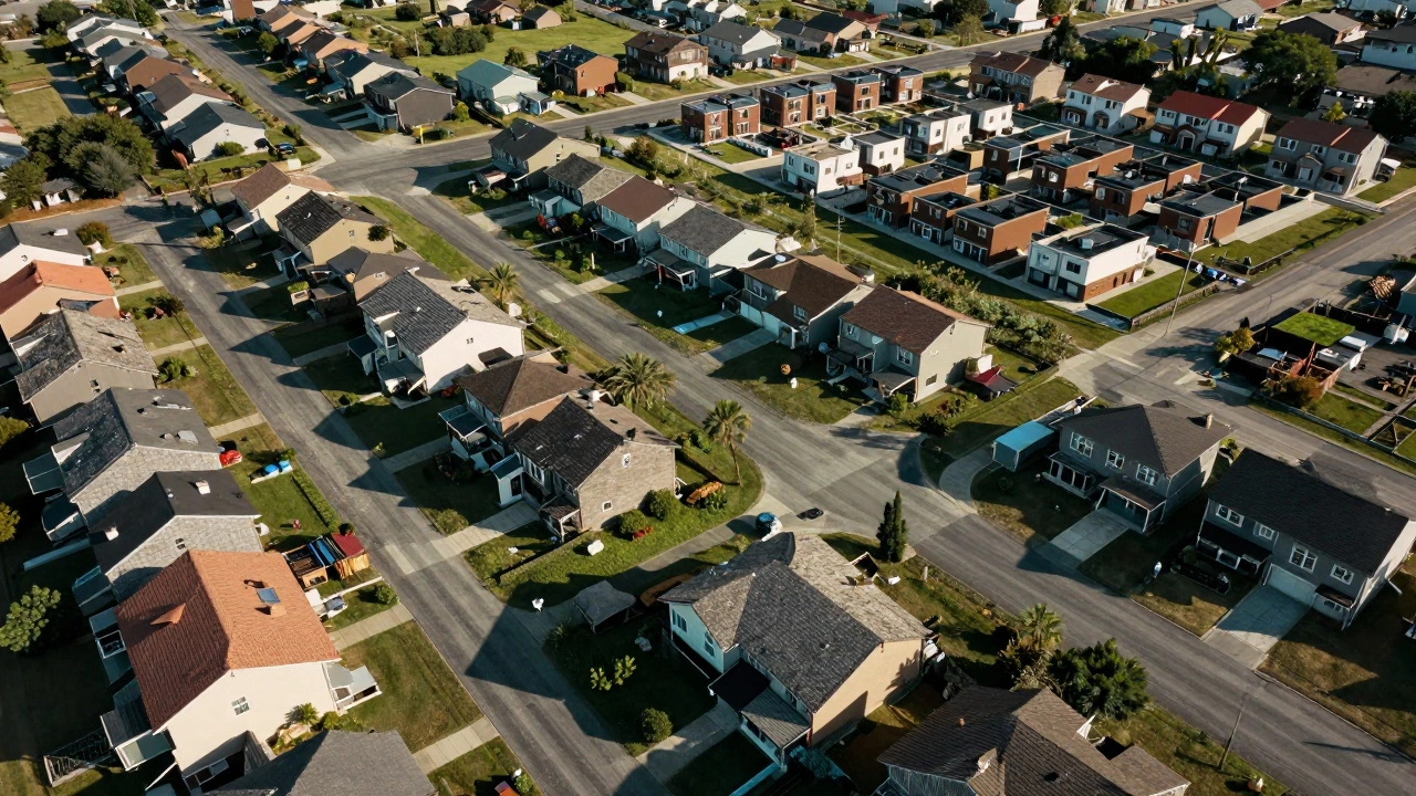 A suburban neighborhood showing oversized empty homes next to new compact multi-unit housing developments.