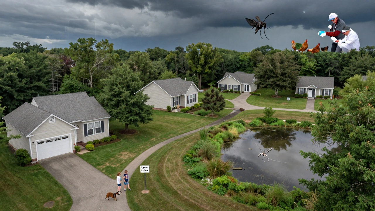 A suburban U.S. community at forest edge with a family walking their dog, mosquitoes near a pond, and professionals monitoring wildlife and livestock.