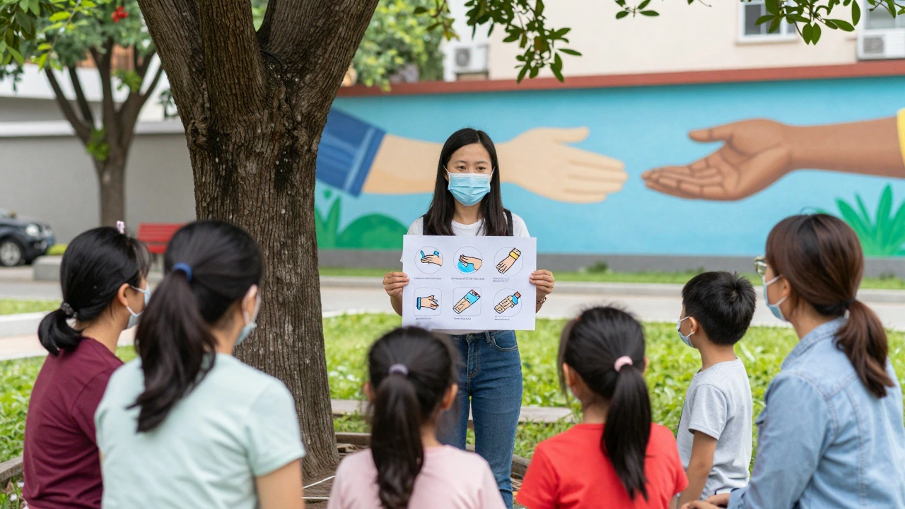 A teacher speaking to parents and children in a park using simple visual messages to build community trust during a health crisis.