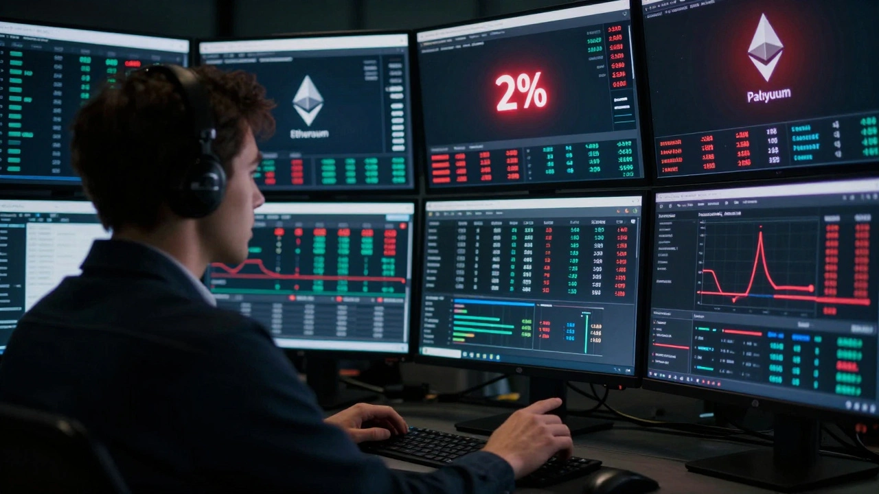 A trader monitoring multiple blockchain order books and latency metrics on a wall of screens at night.