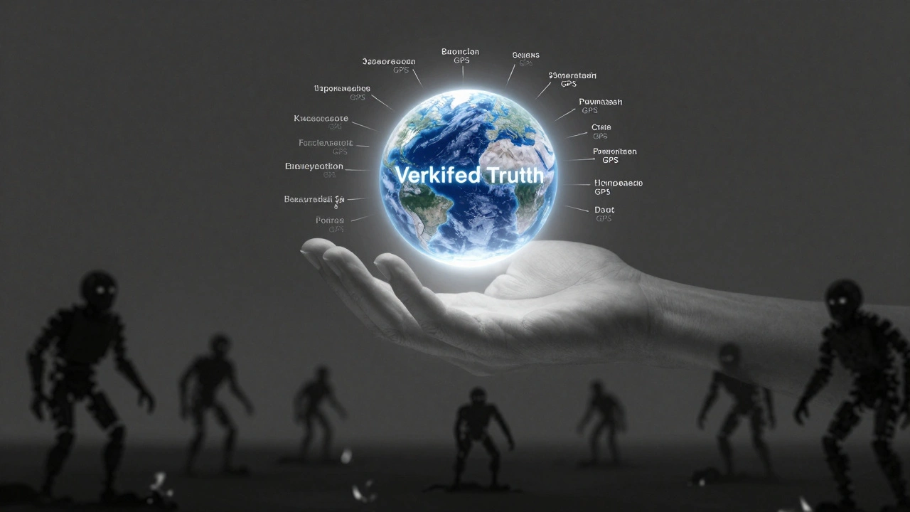 A verified eyewitness video floats above war-torn land, countering lies with unchangeable digital proof.