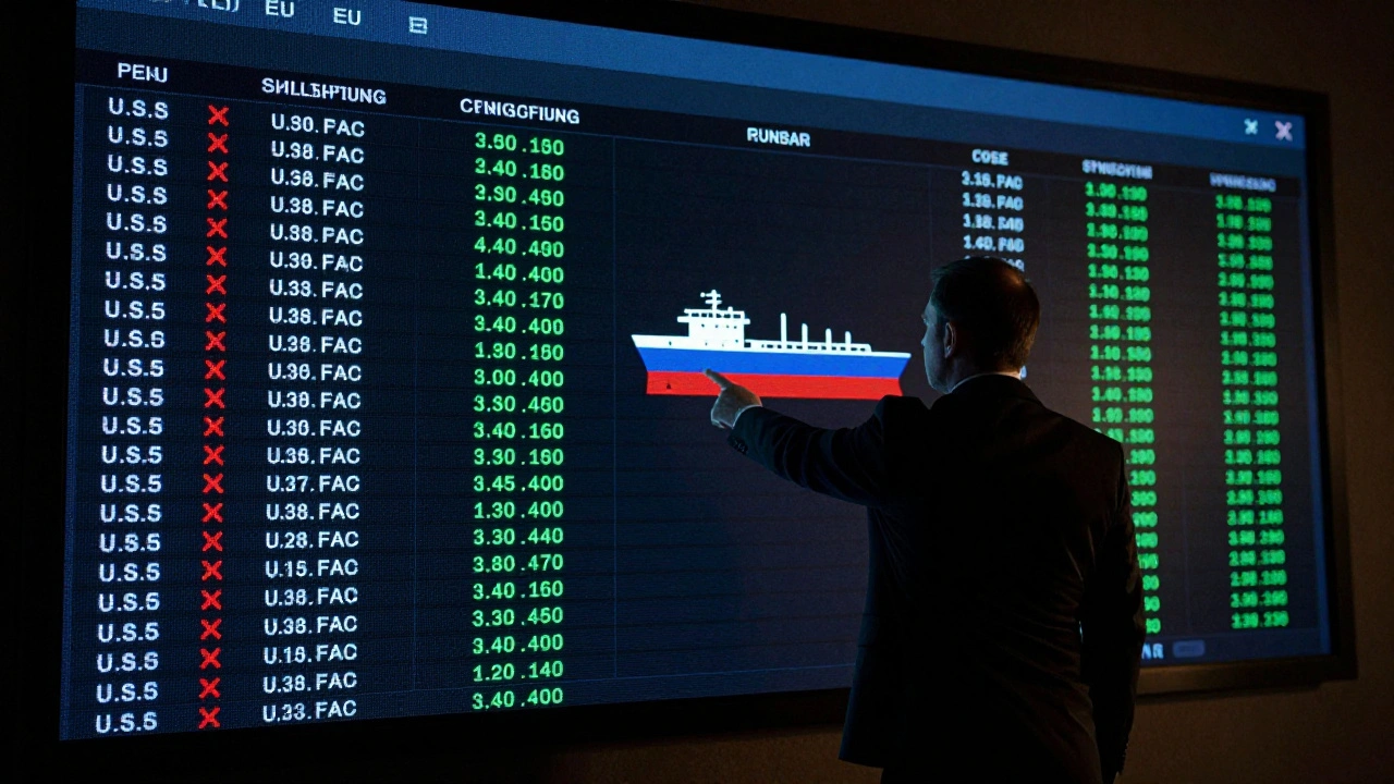 A war room wall displaying sanctions gaps as Russian evasion routes slip through Western enforcement.