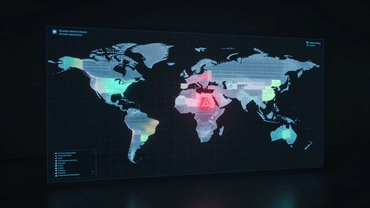 AI-driven dynamic heatmap with evolving risk cells, glowing red as a tariff alert triggers, in a futuristic dark environment.