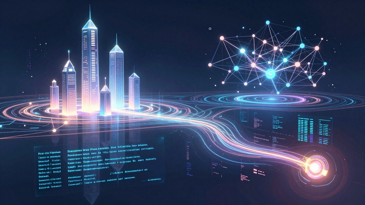 An abstract neural network of exchanges and DEXs connected by pulsing trade routes, with AI algorithms scanning for liquidity.