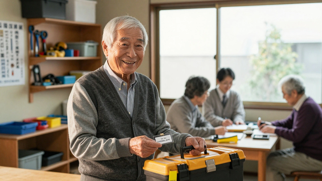 An elderly Japanese man receiving a part-time job assignment at a senior employment center, holding a badge and toolkit.