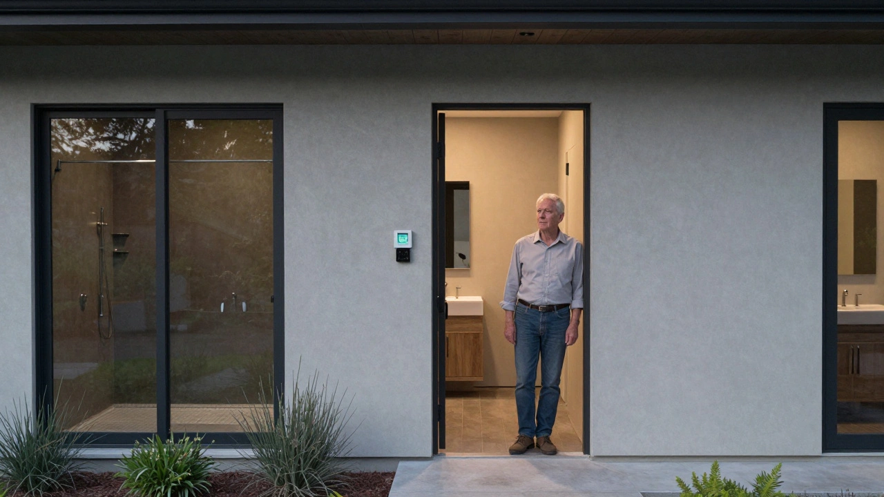 An older adult in an accessible, modern single-level home with walk-in shower and smart home features.