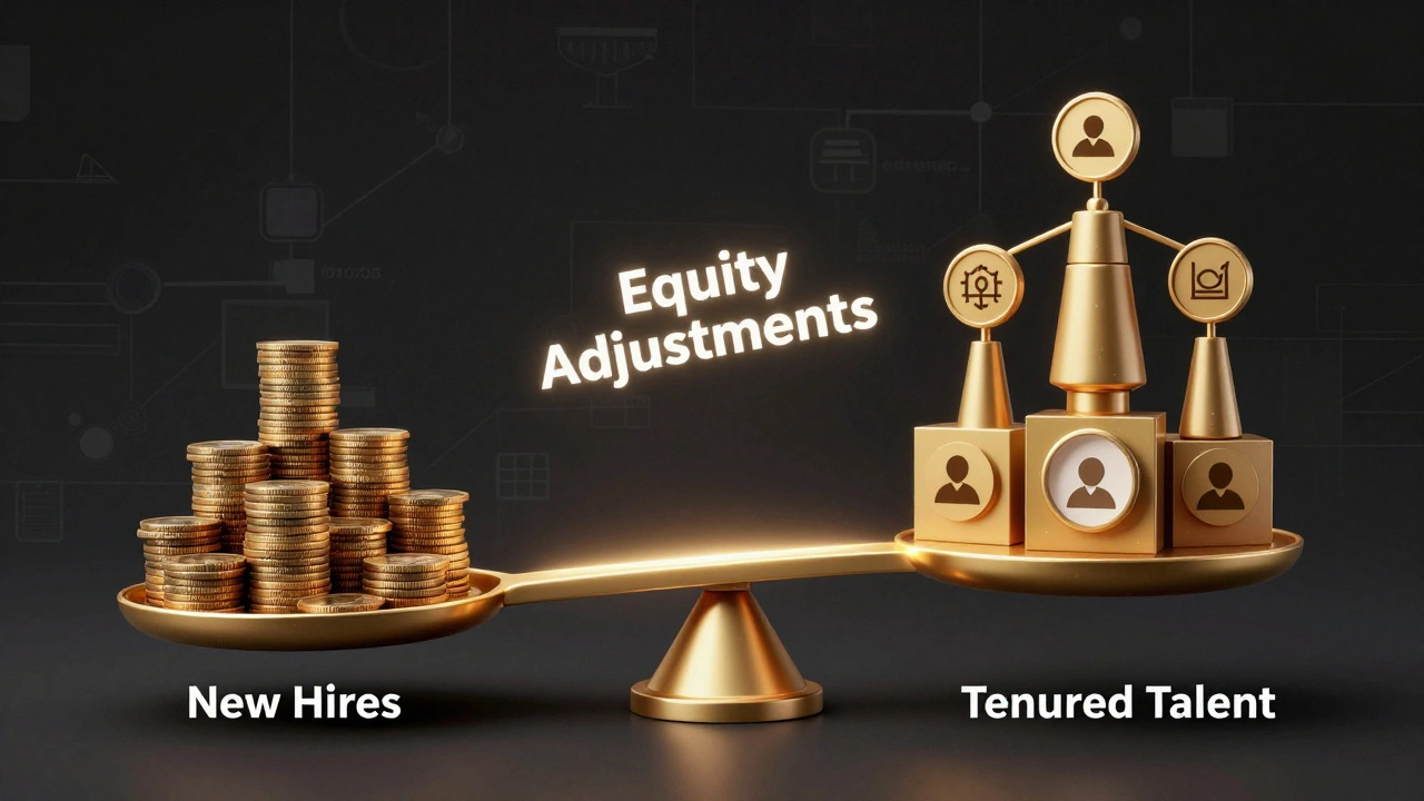 Balanced scale showing new hires versus tenured employees with a golden bridge of equity between them.
