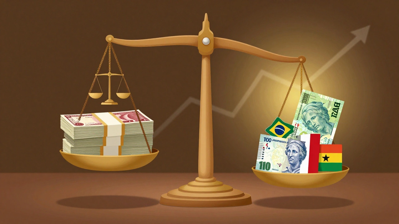 Balanced scale with U.S. bonds on one side and emerging market bonds on the other, symbolizing fiscal discipline and yield advantage.