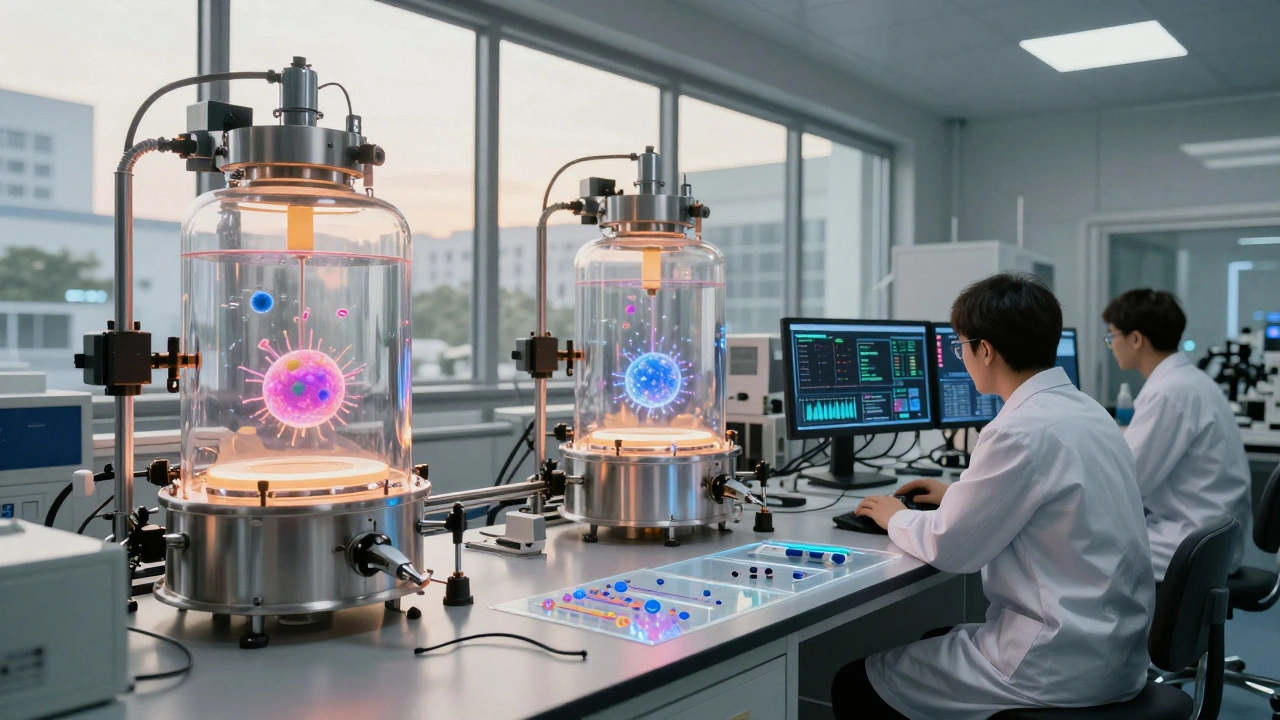 Biomedical lab with glowing bioreactors and flexible electronics being printed by precision nozzles.
