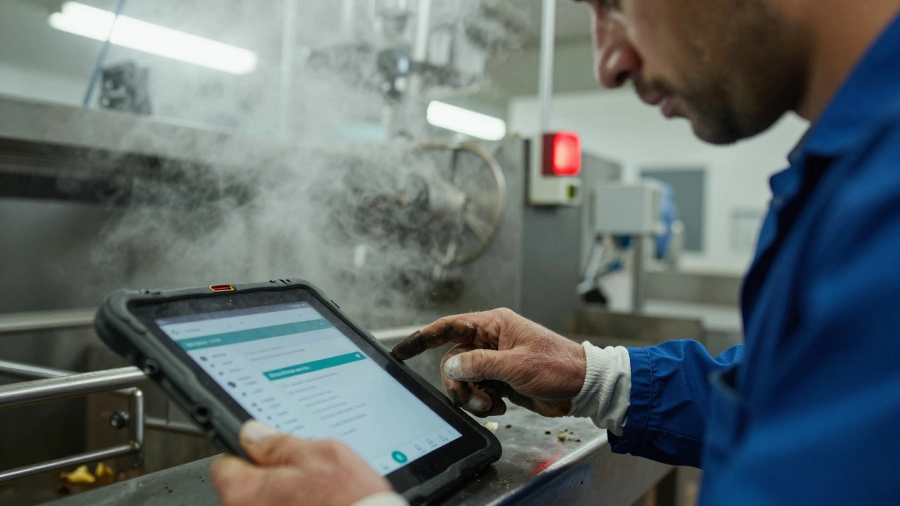 Close-up of a food processing worker’s hands with safety alarm glowing in background.
