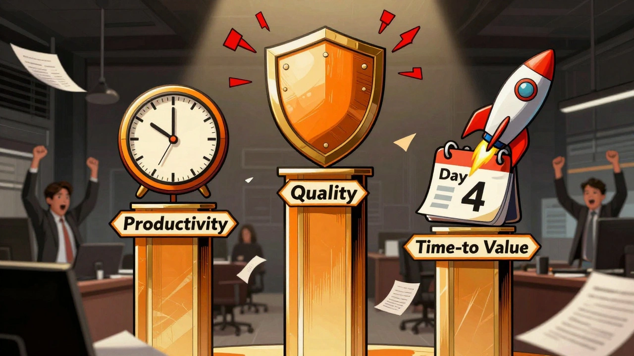 Comic book style illustration of three AI value pillars: Productivity, Quality, and Time-to-Value, defeating errors with heroic energy.