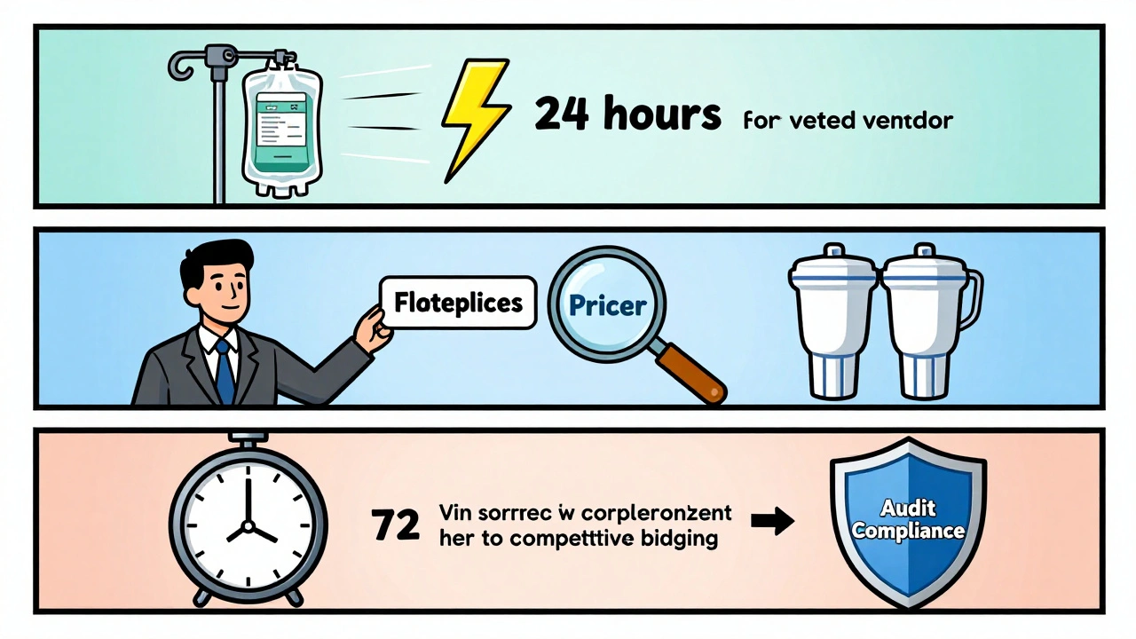 Comic-style three-tiered emergency procurement process with speed, fairness, and compliance symbols.