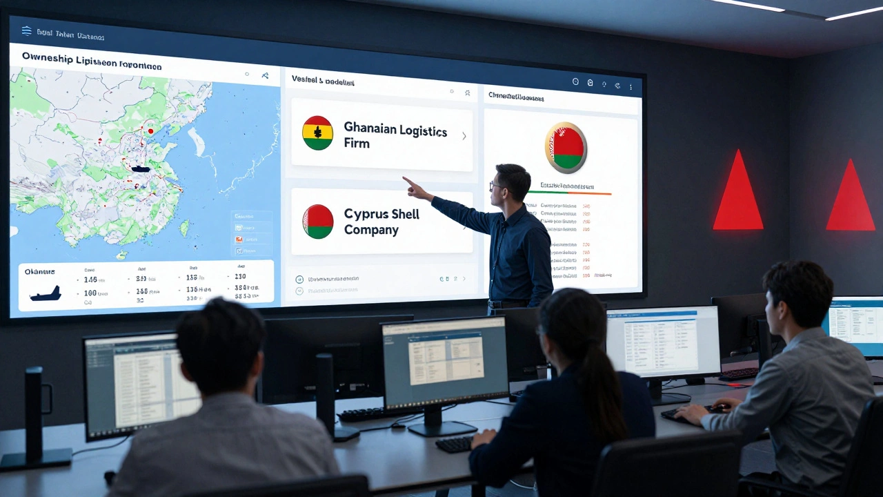 Compliance team analyzing real-time sanctions exposure maps on digital screens in a corporate war room.