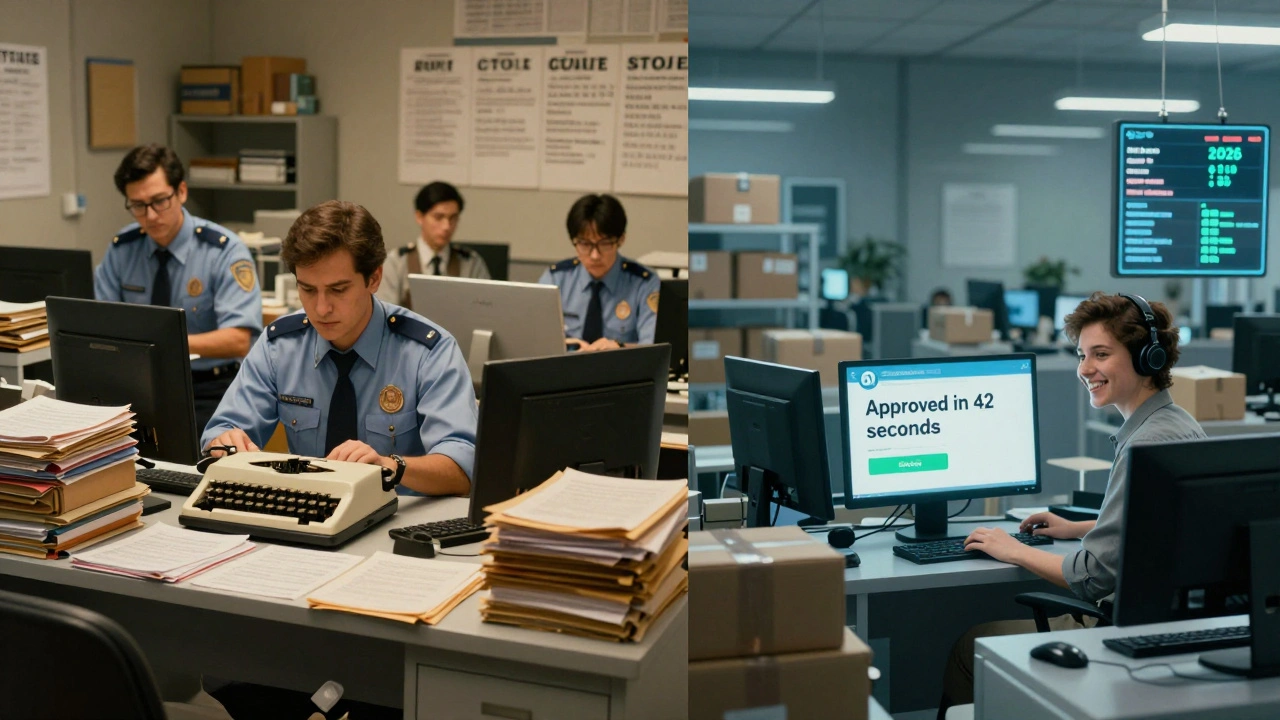 Contrast between outdated paper-based customs office and modern AI-powered clearance system.