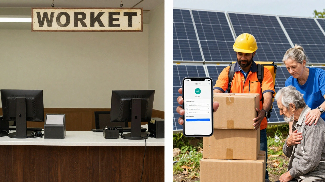 Contrasting scenes: outdated cashier station versus modern frontline jobs like delivery, solar installation, and elder care.