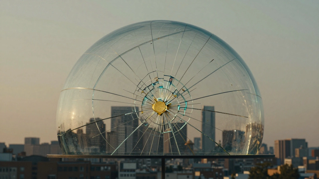 Cracked glass dome above a city being repaired by threads of light symbolizing transparency and community trust.