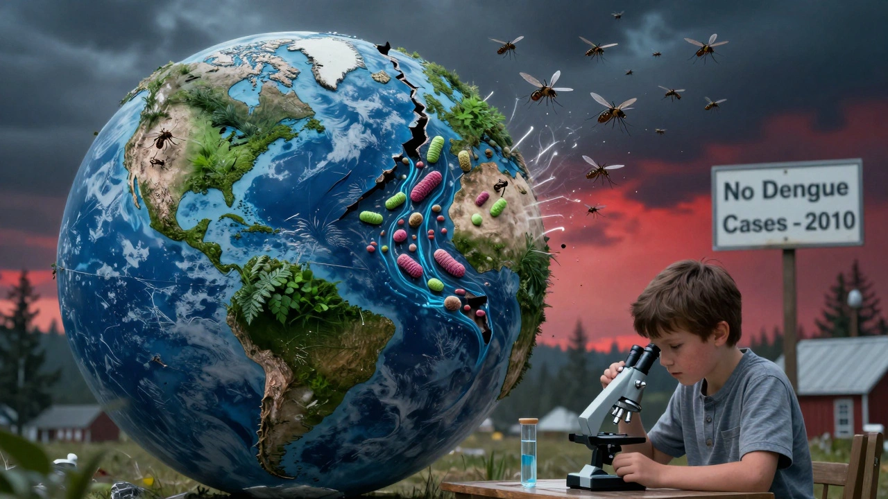 Cracked globe revealing thawing permafrost and contaminated water, with a child testing water in a northern village.