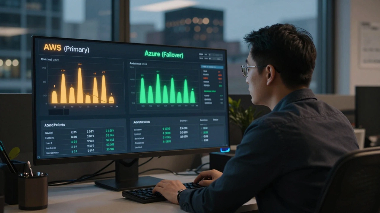 CTO monitoring cloud uptime dashboard at night, AWS warning light, Azure stable, city darkened in background.