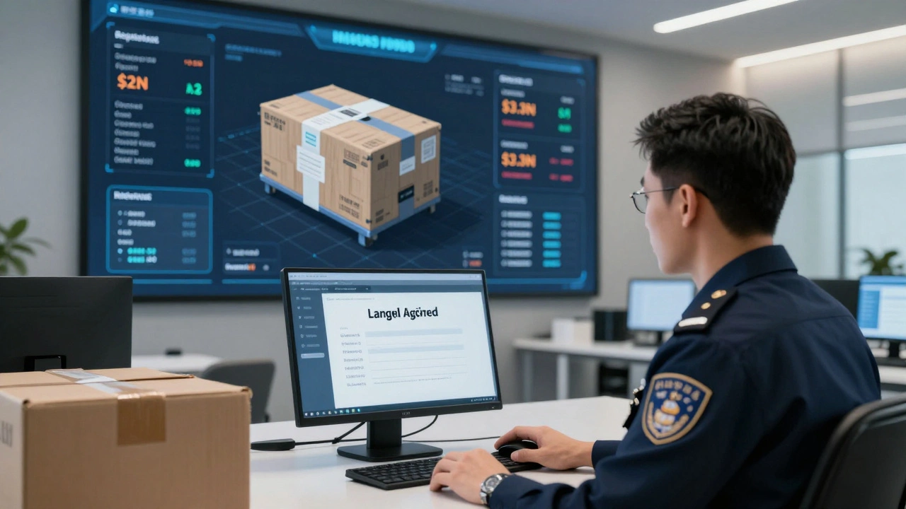 Customs officer reviewing an AI-flagged shipment with price discrepancy visualizations on a touchscreen.