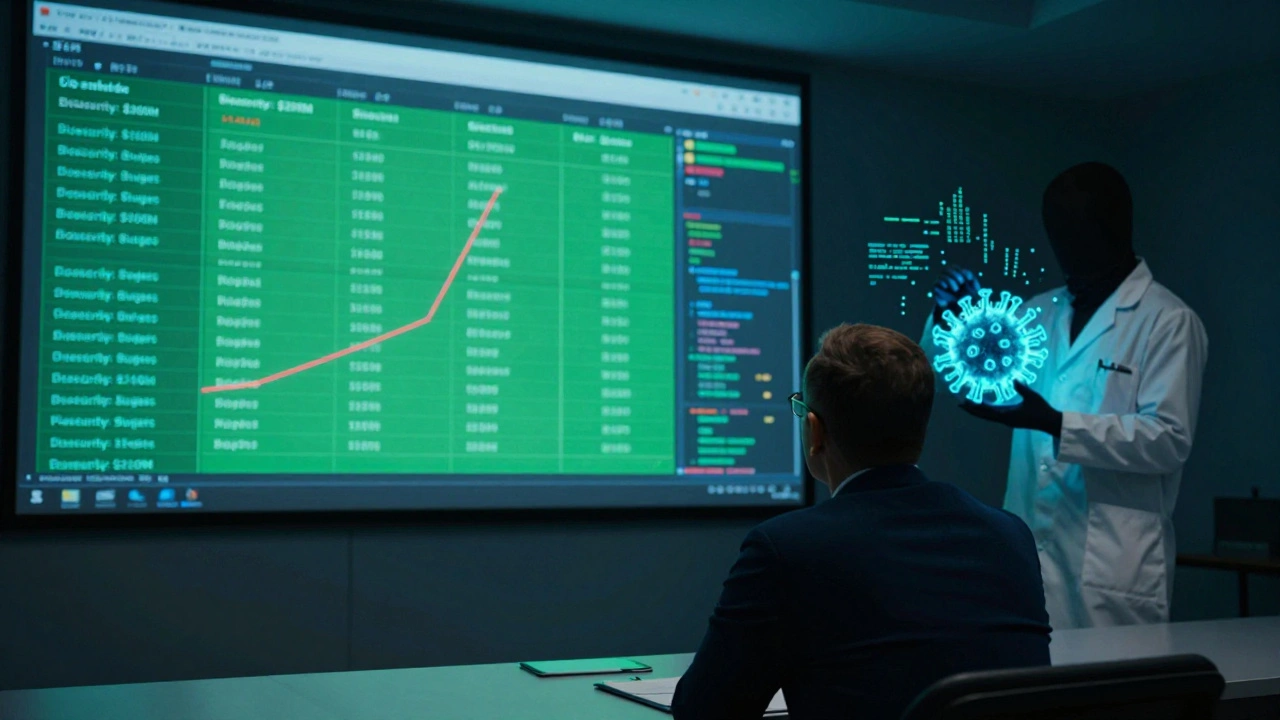 Defense official staring at a screen showing tiny biosecurity budget vs. large cyber defense spending.