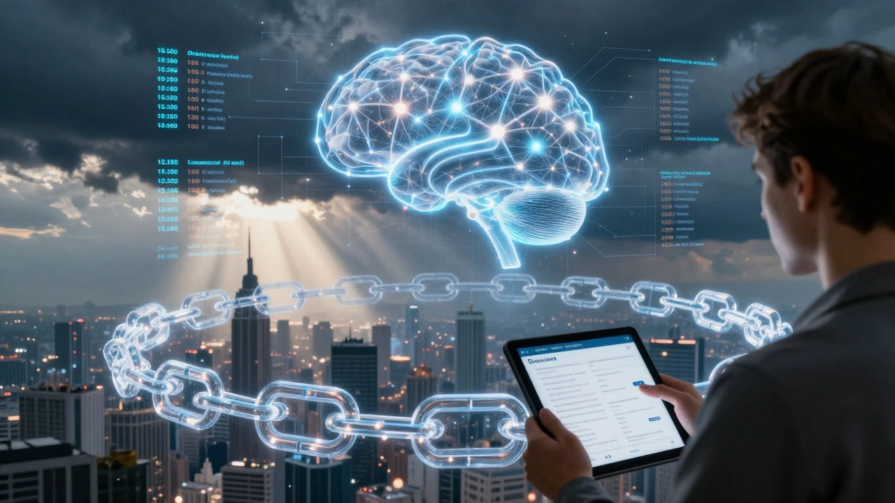 Digital art of AI scanning bids with blockchain transparency and citizen access to public procurement data.