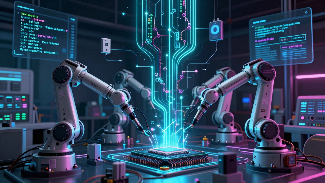 Digital code flowing through a factory floor, merging physical machinery with GitHub commits and sensors.