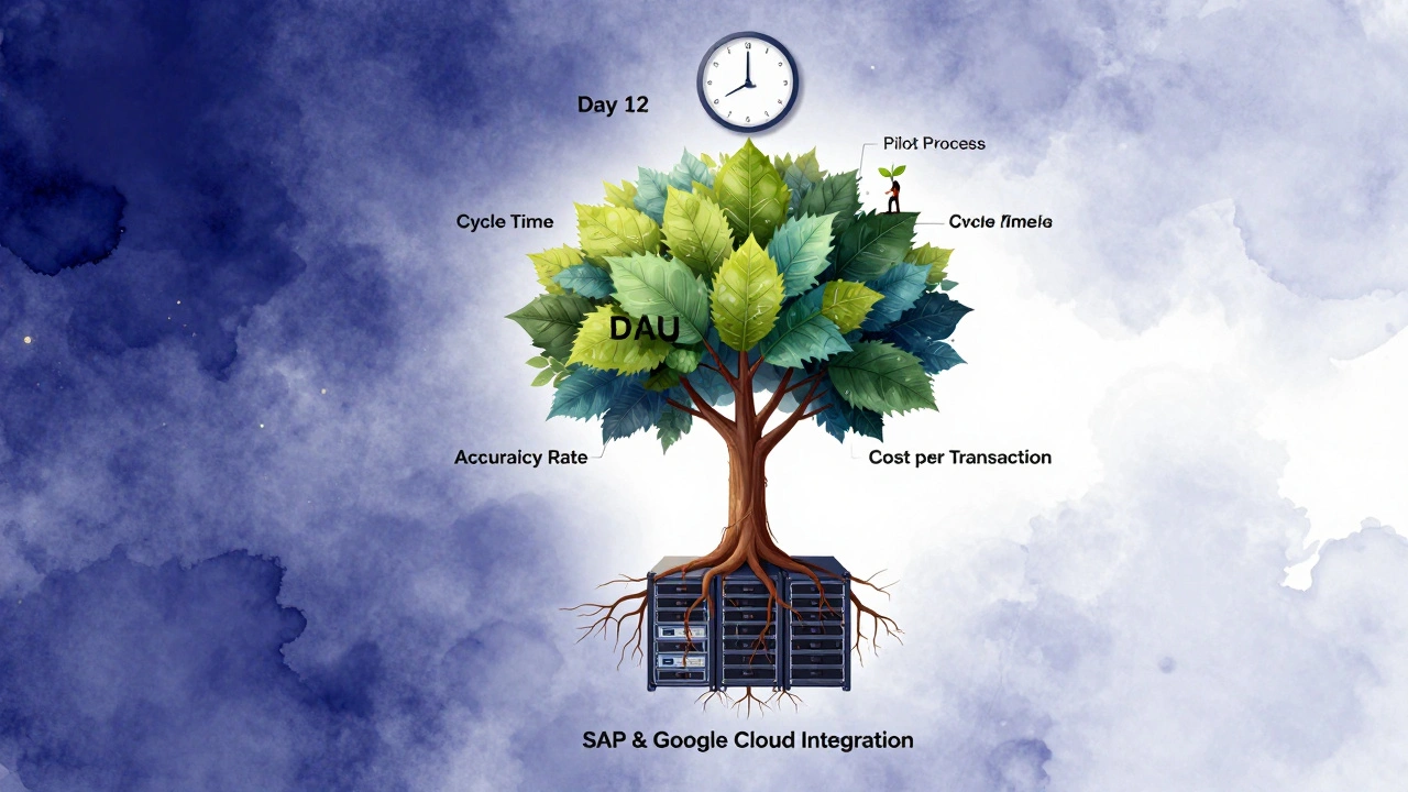Digital tree with metric leaves growing from integrated server roots, symbolizing AI ROI taking root in business processes.