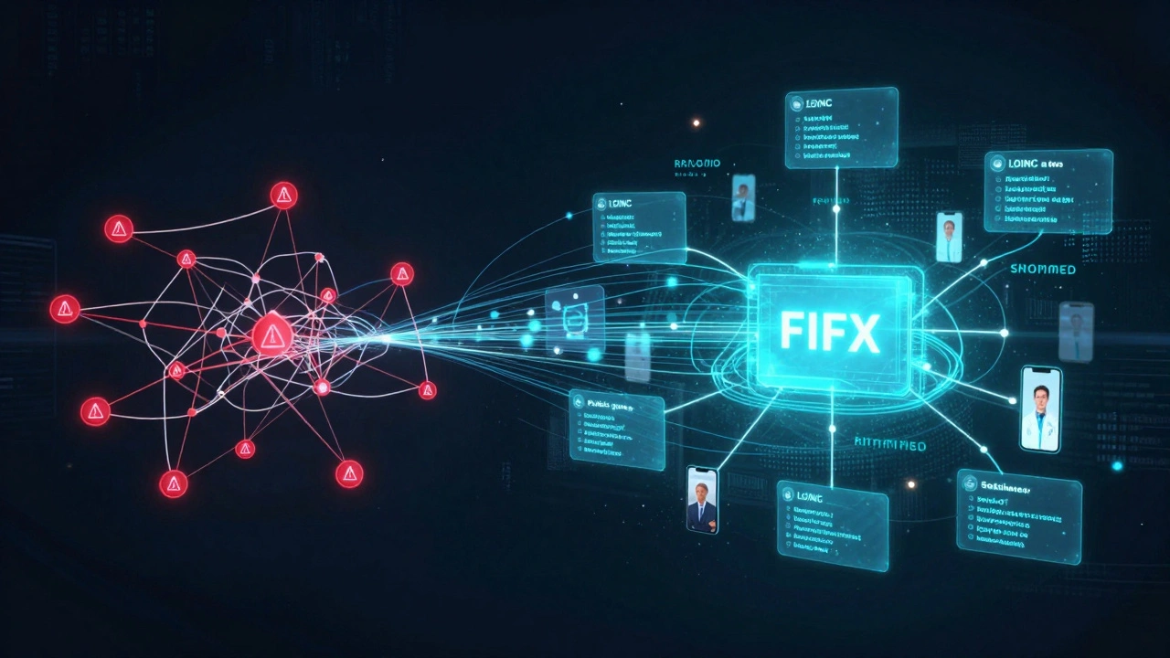Digital visualization showing disconnected health systems on one side and a unified FHIR data network on the other.
