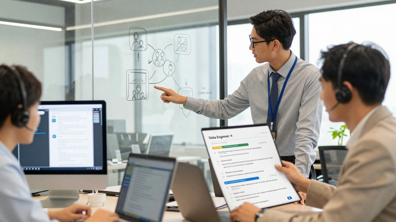 Diverse team collaborating in an office with live AI dashboards and customer journey visuals.