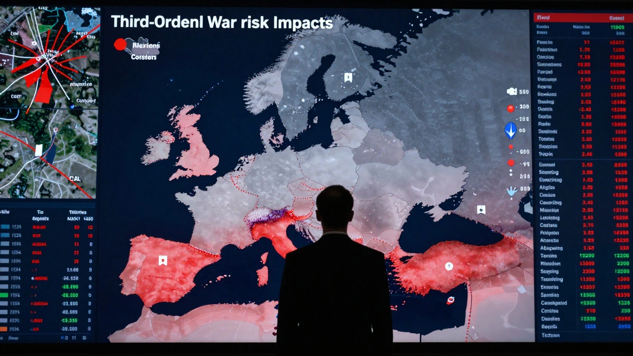 Executive viewing a digital heatmap illustrating ripple effects of war on supply chains, with shipping routes and insurance spikes displayed visually.