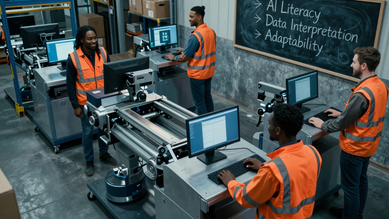 Former warehouse workers now operating robotic systems, with skill names visible on a chalkboard in the background.