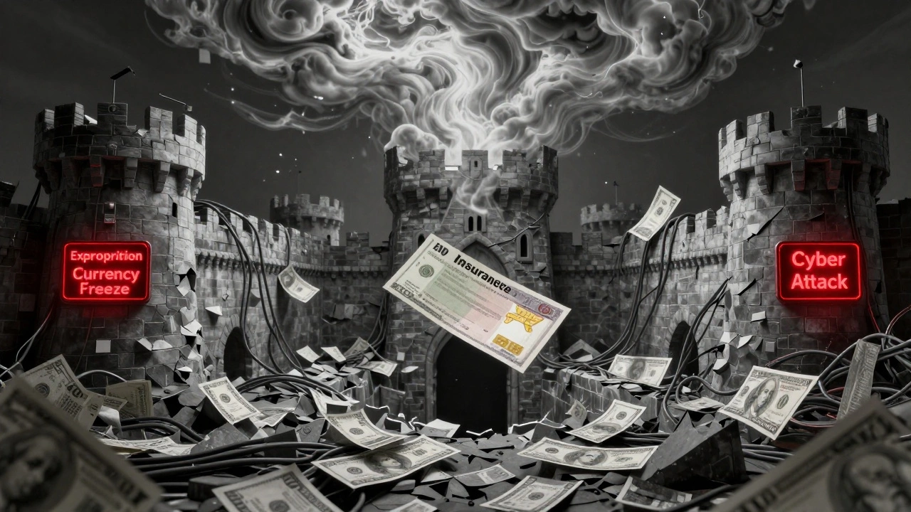 Fortress of contracts crumbling as cyber and AI threats swirl above, with a single insurance check falling into darkness.