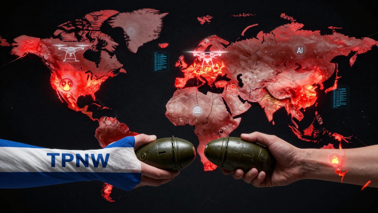 Fractured global map with nuclear hotspots and conflicting symbols of monitoring tech and disarmament