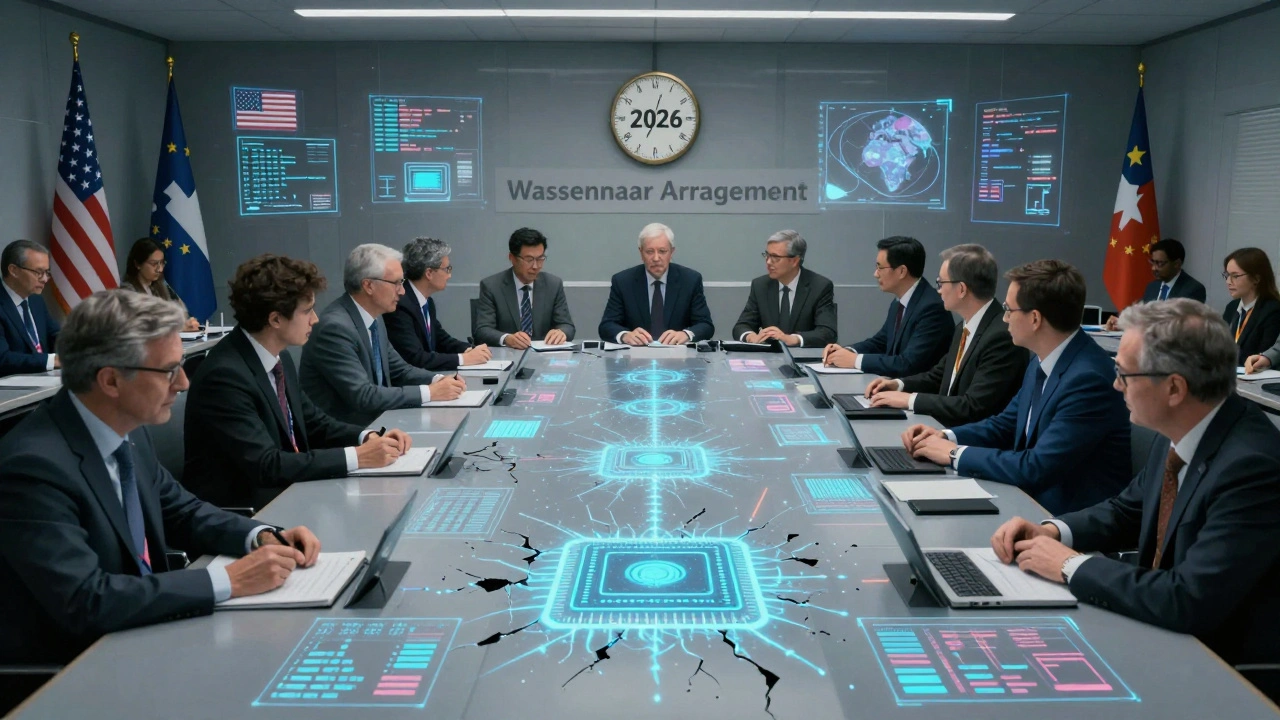 Global delegates in a room with cracking holograms of controlled tech, a 2026 clock, and a fading Wassenaar banner.