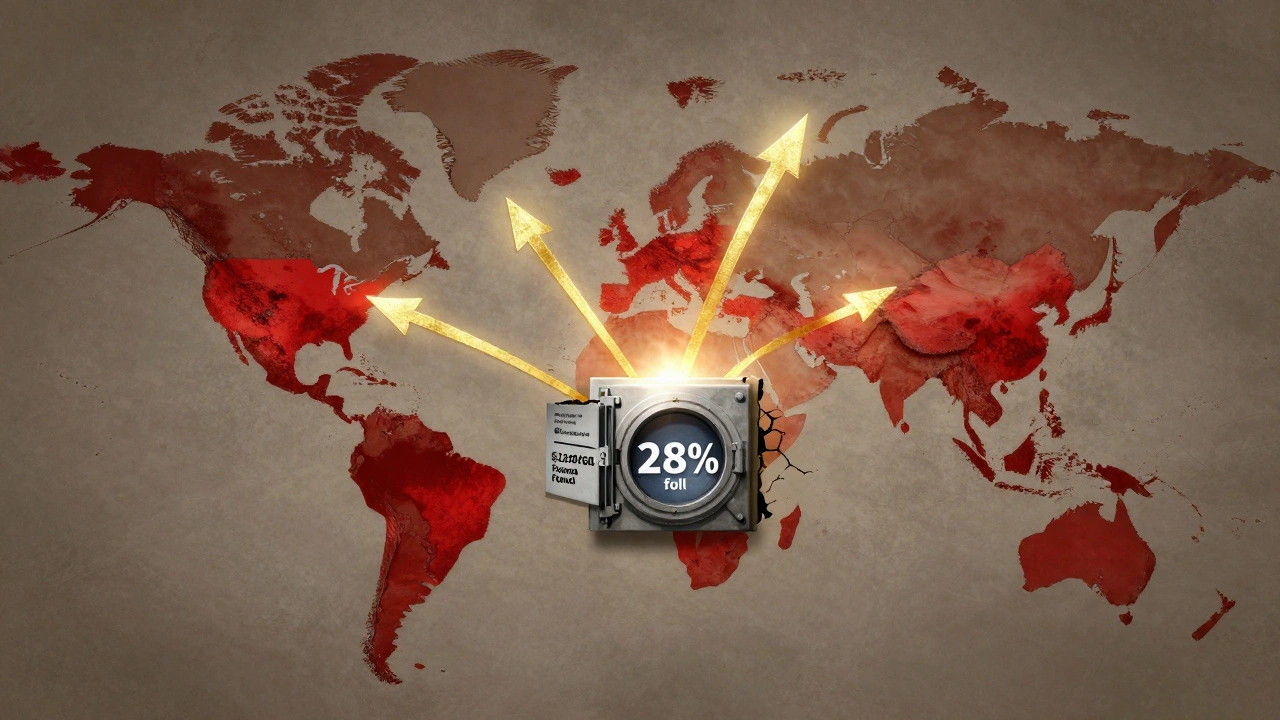 Global map showing funding gaps in Africa and Southeast Asia with a cracked 4B gap wall.
