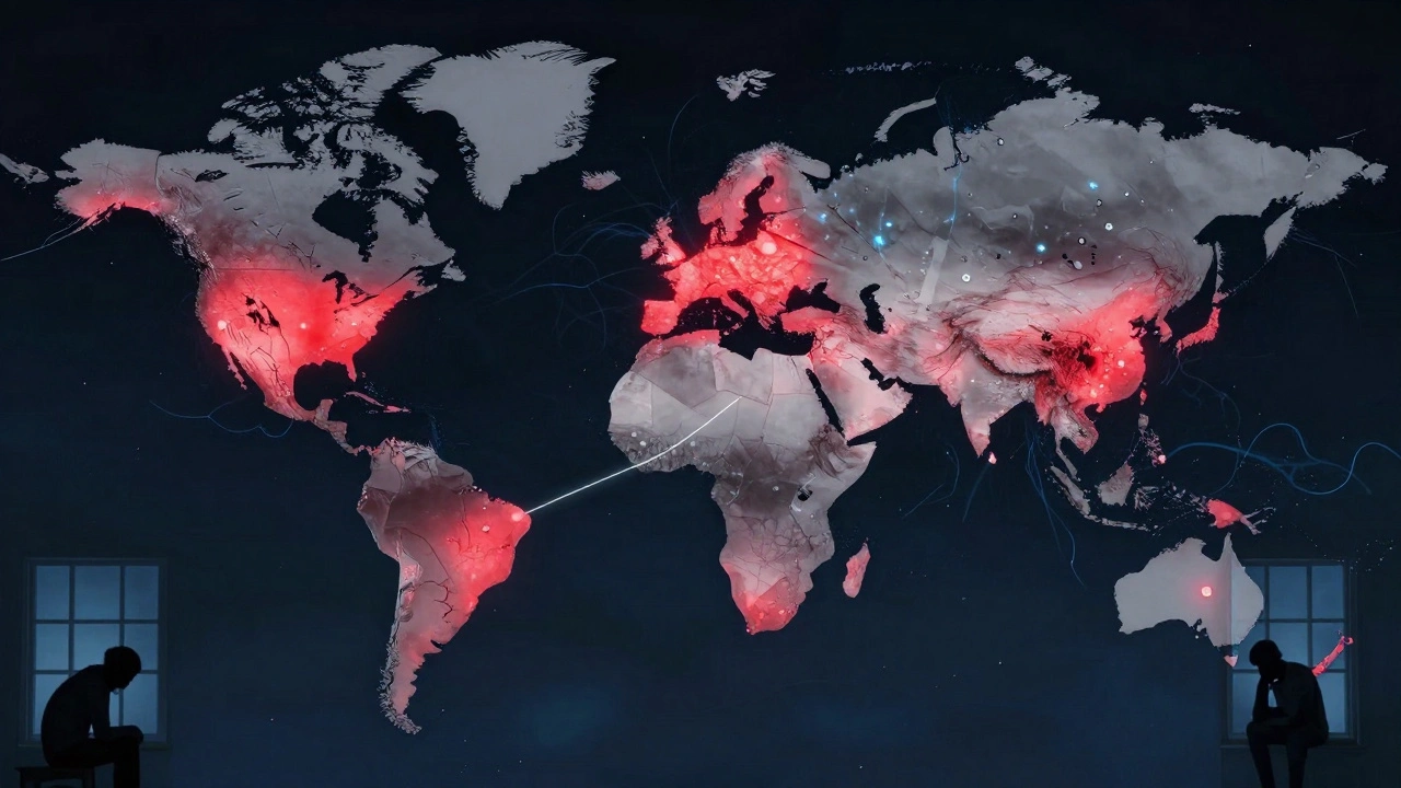 Global map with red anxiety zones spreading fear tendrils to major cities.