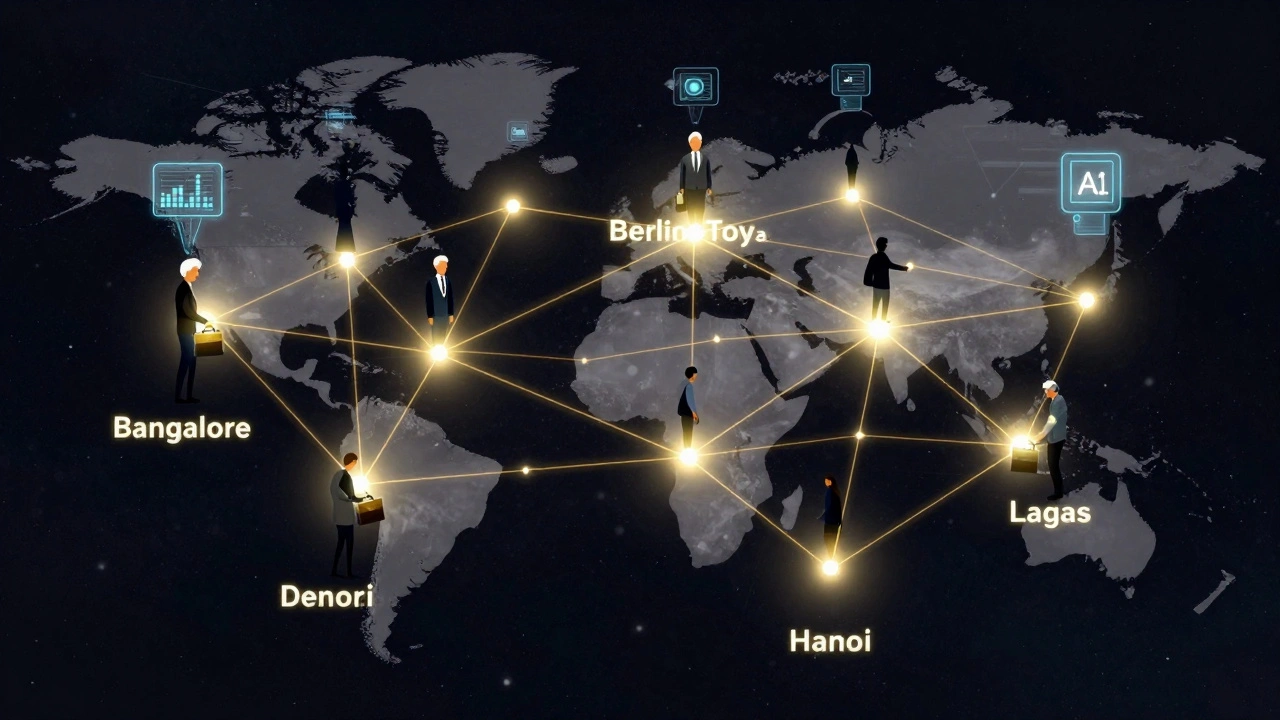 Global network of glowing connections linking experienced professionals in Europe and Japan with young talent in Asia and Africa.