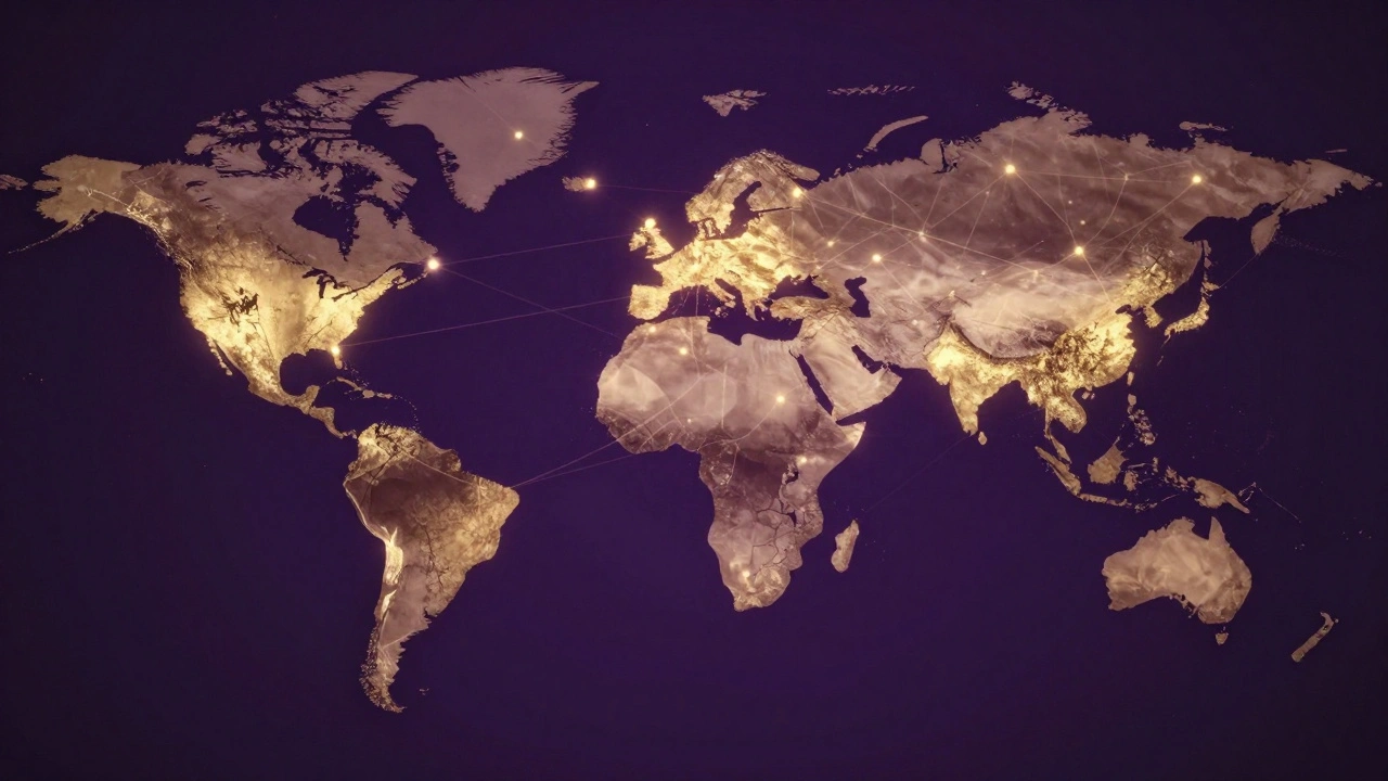 Glowing global trade network with gaps over Africa and Latin America, silhouettes watching from outside