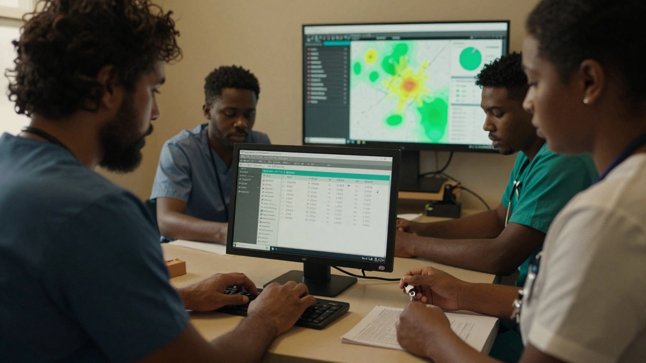 Healthcare workers entering social determinants data and authenticating patient consent in a rural clinic with analytics monitor in background.