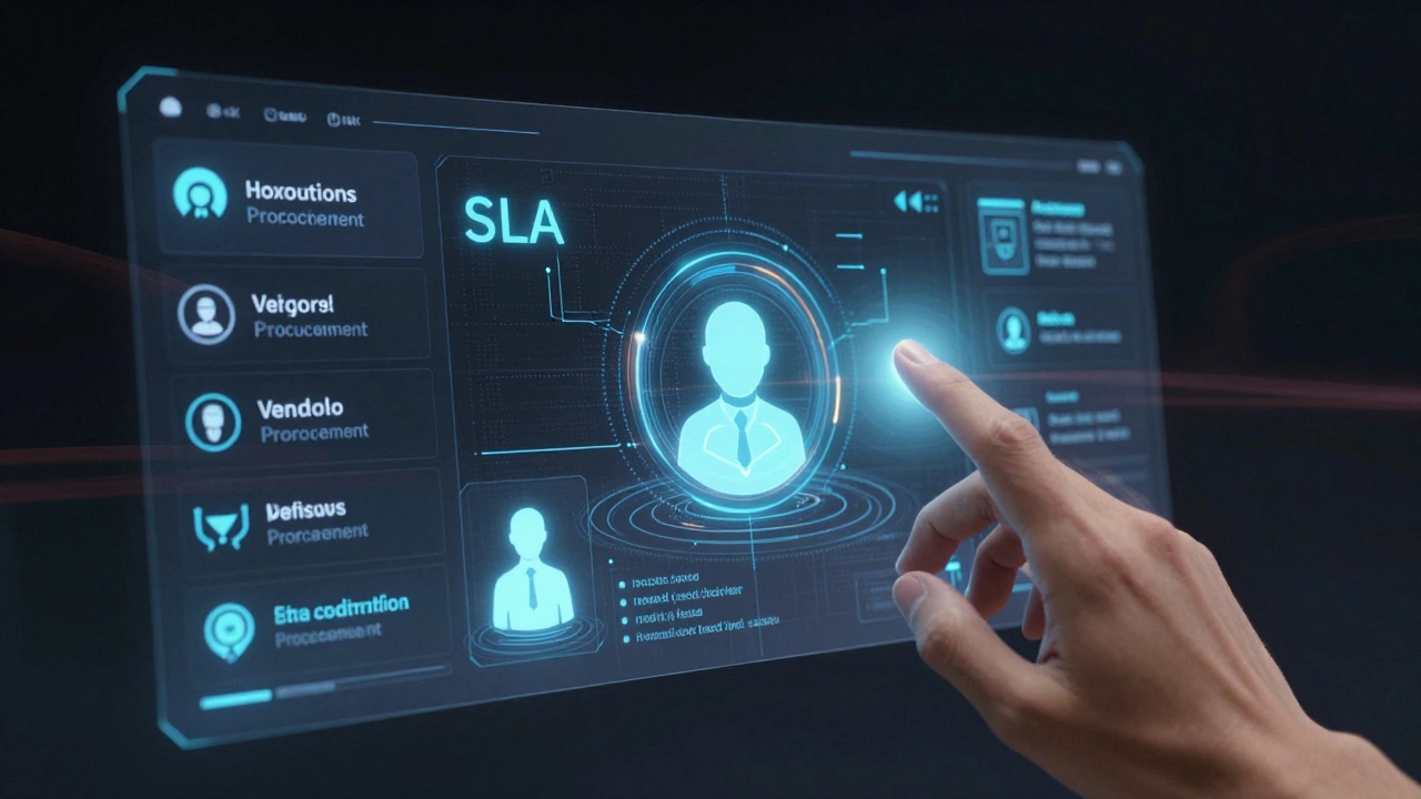 Holographic AI system autonomously evaluating vendor contracts with floating metrics and human oversight.