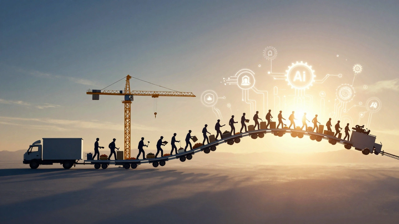 Human figures forming a backbone of economy with delivery, construction, and food systems intertwined.