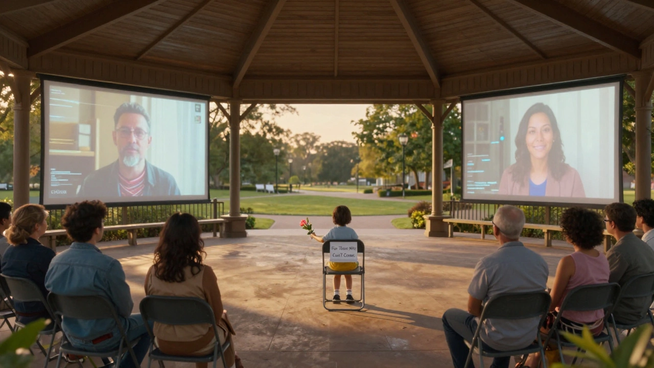 Hybrid community meeting with in-person and virtual attendees, flower on empty chair.