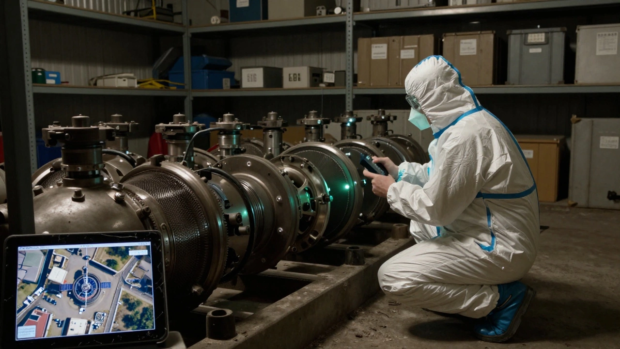IAEA inspector examining hidden centrifuges in a warehouse with radiation glow and satellite tablet
