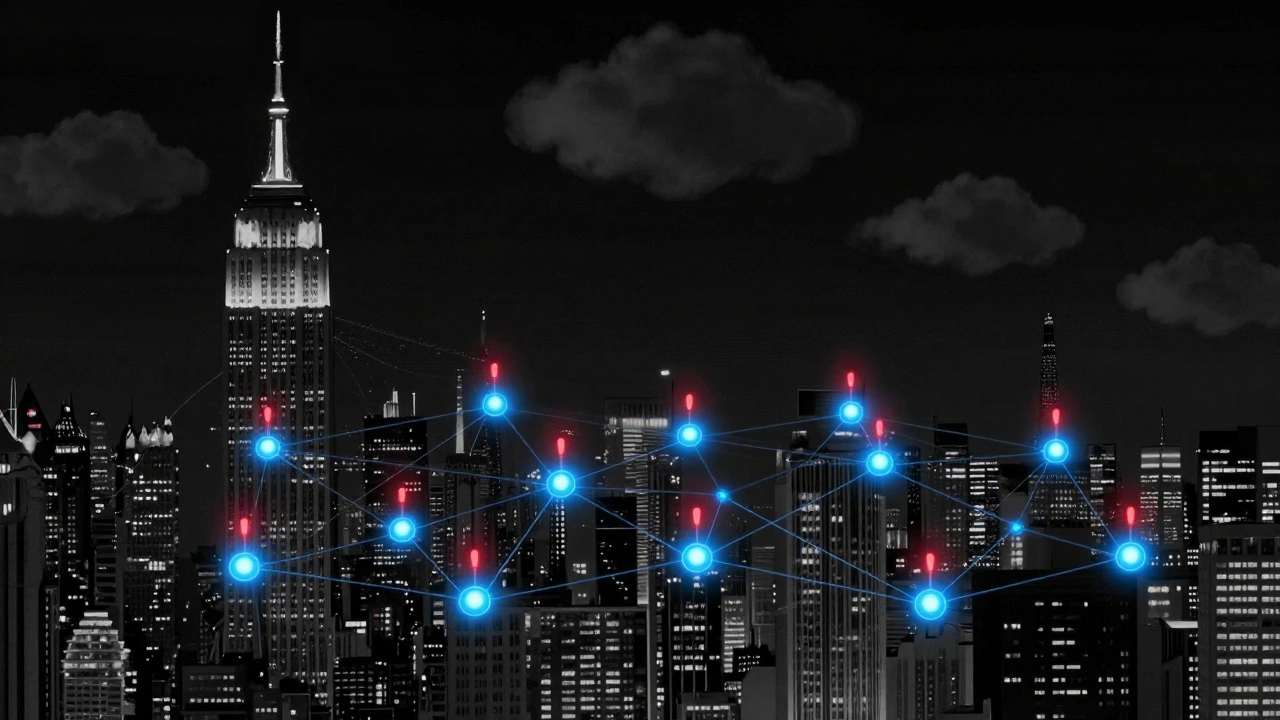 Interconnected AI neural networks triggering synchronized red warnings across global financial centers.