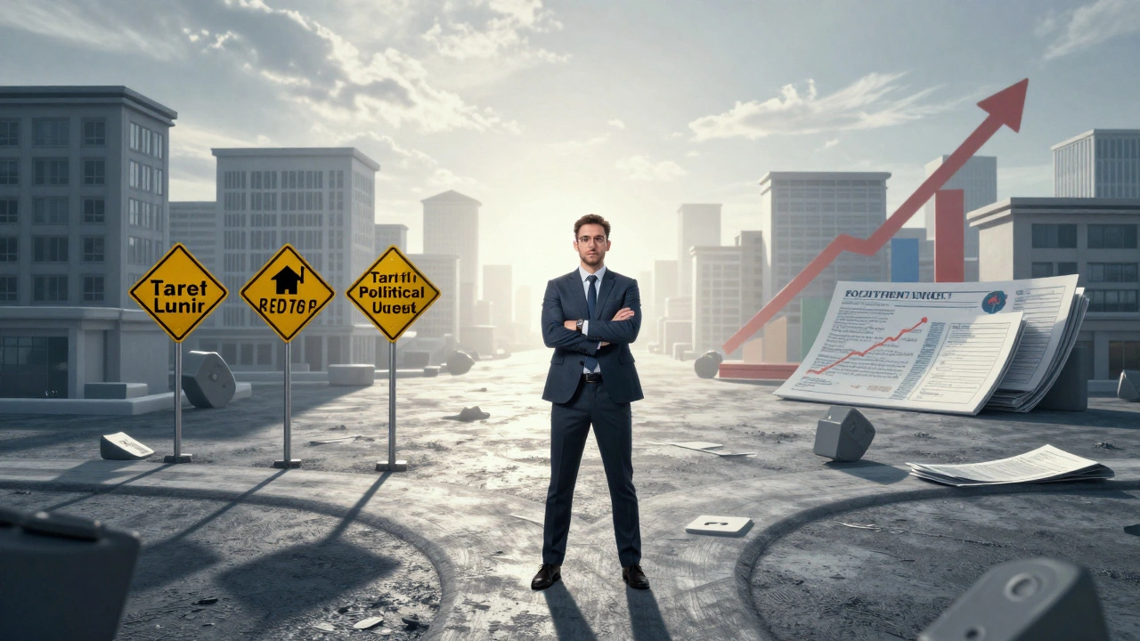 Investor at a crossroads, one path dark with risks, the other bright with economic growth and stable debt.