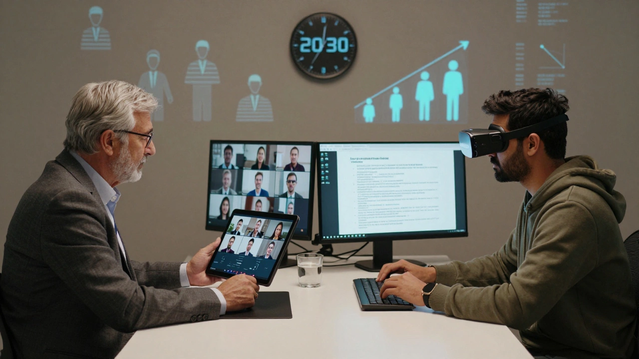 Italian finance director video mentoring Colombian accountants while an Indian engineer uses AR to access German compliance manuals.